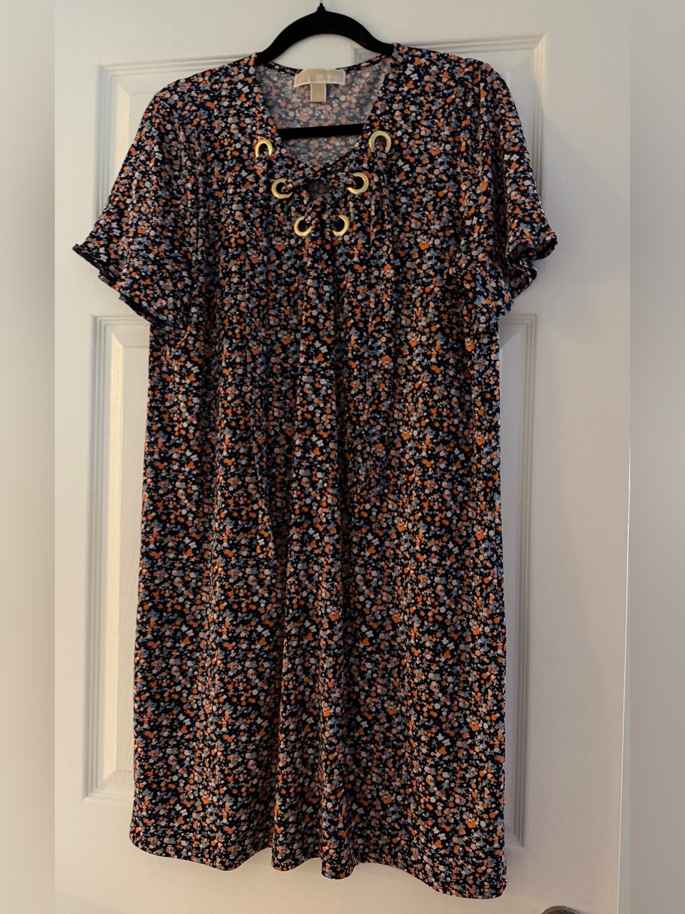 Floral Lace-Up Short Sleeve Dress in Black and Orange